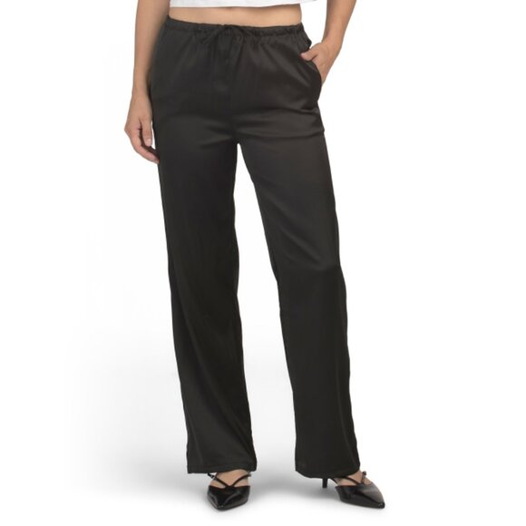 LOVE TREE Black Satin Drawstring Waist Pants - Picture 1 of 2